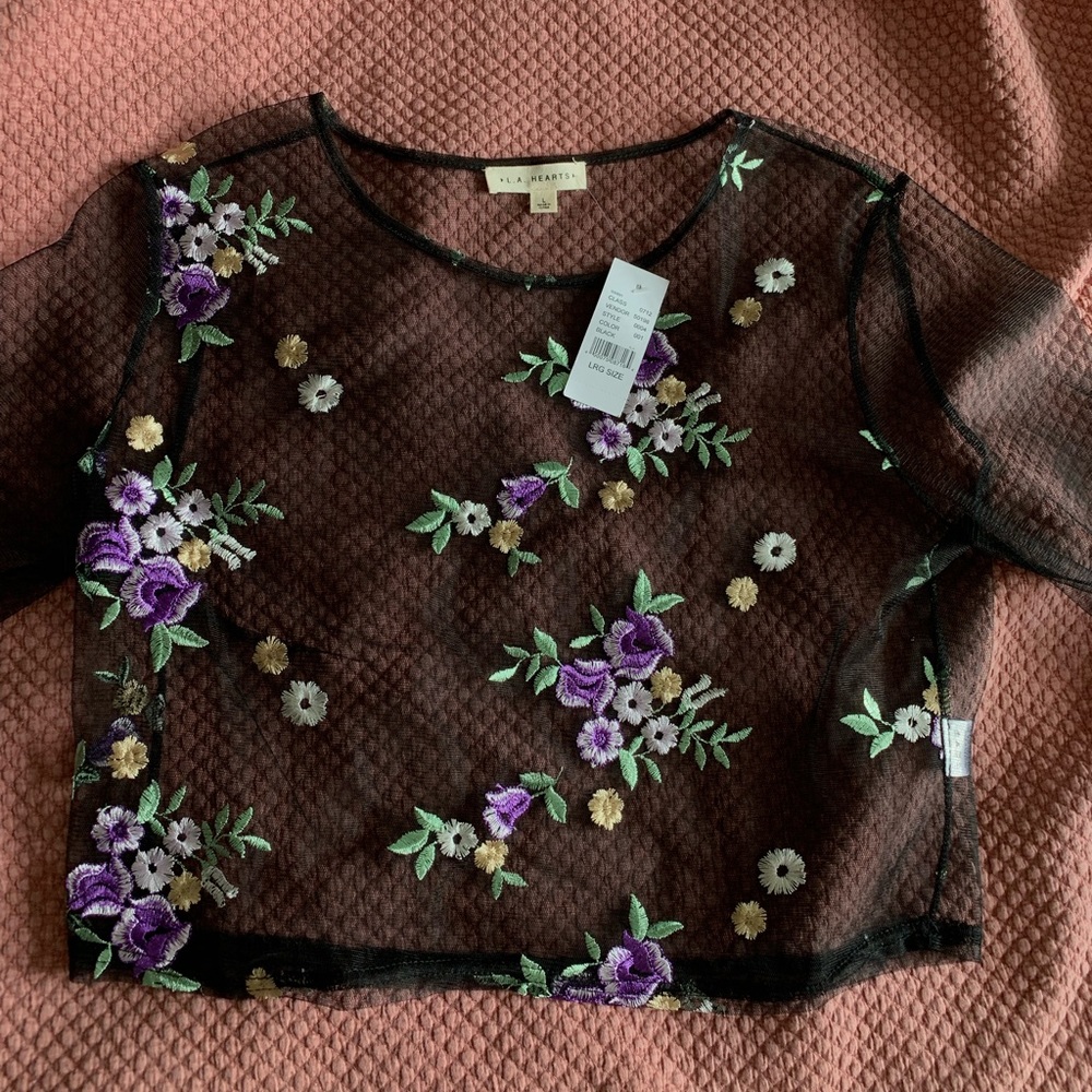 LA hearts sheer floral long sleeve shirt